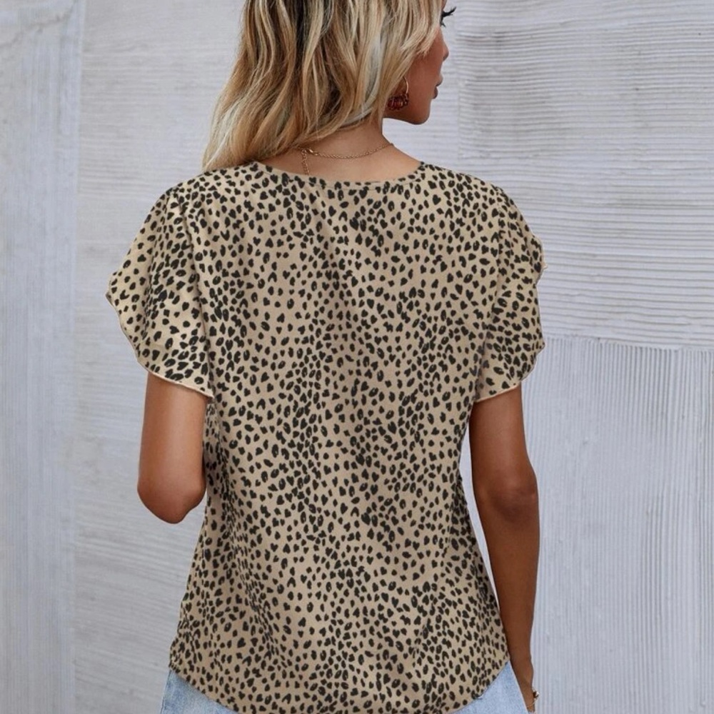 Ruffle frill short sleeve boho leopard top blouse bohemian tan black - Picture 2 of 6
